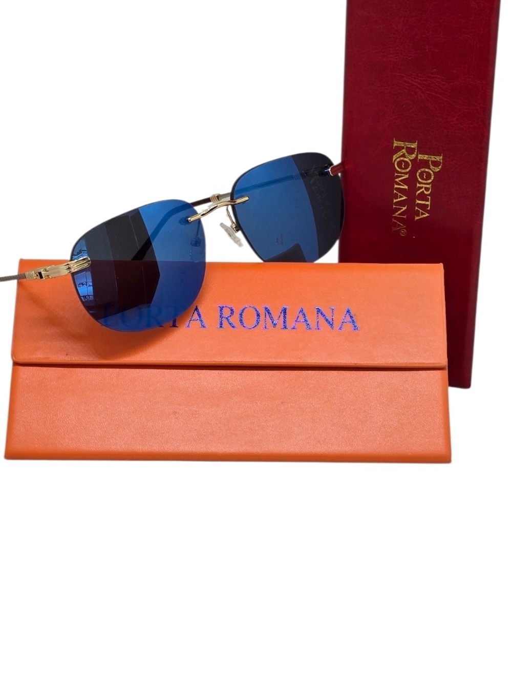 Porta Romana Gold-Trim Blue Lens Rimless Sunglasses